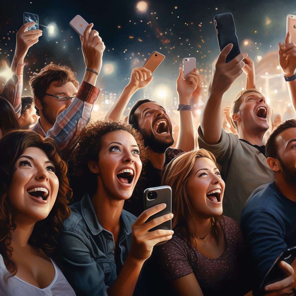 Group of young adults pointing phones towards sky