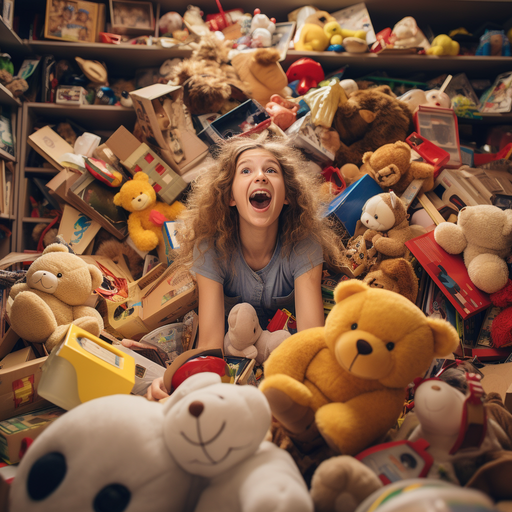 Excited girl picking toy from pile