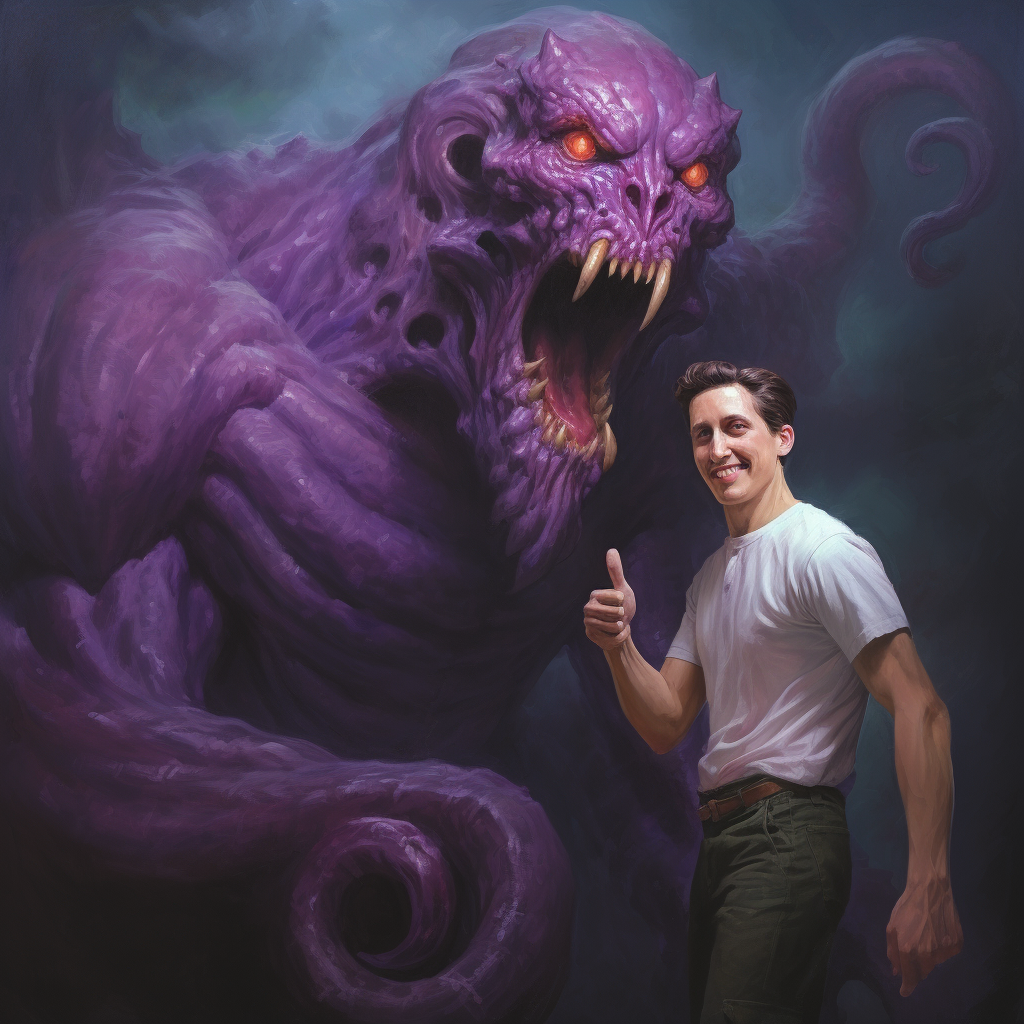 Excited happy young man and purple monster thumbs up