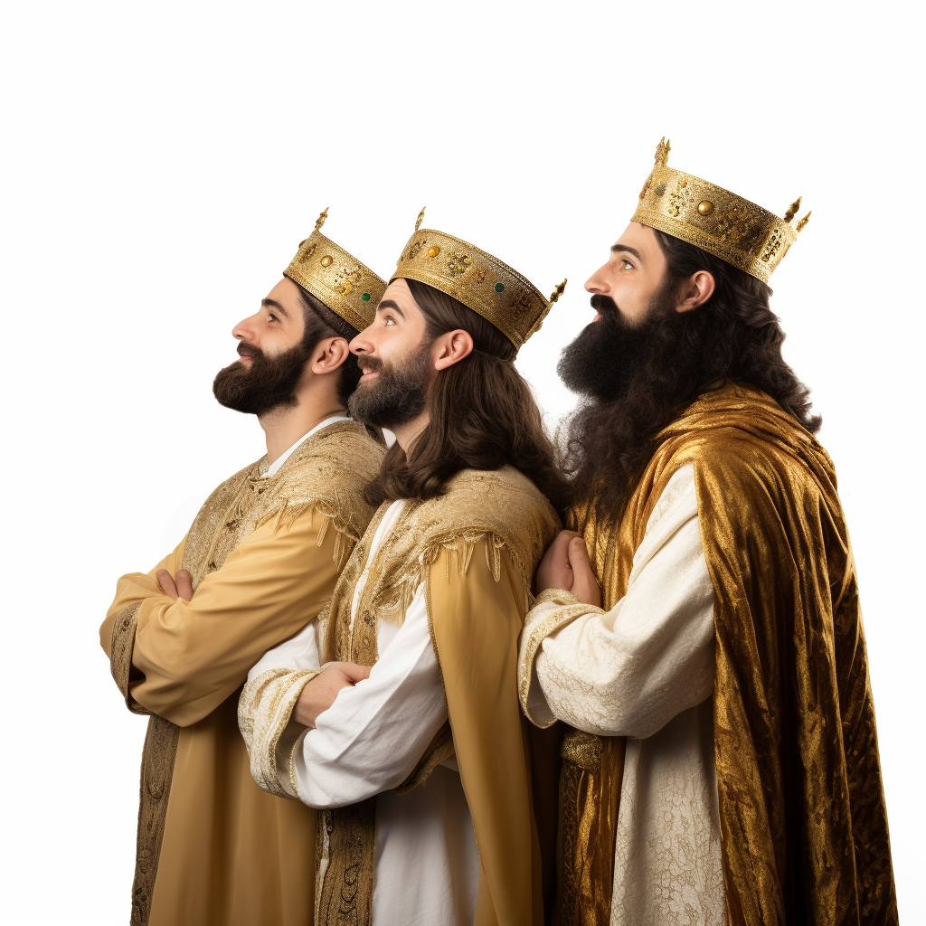 Three excited kings looking right - Side view