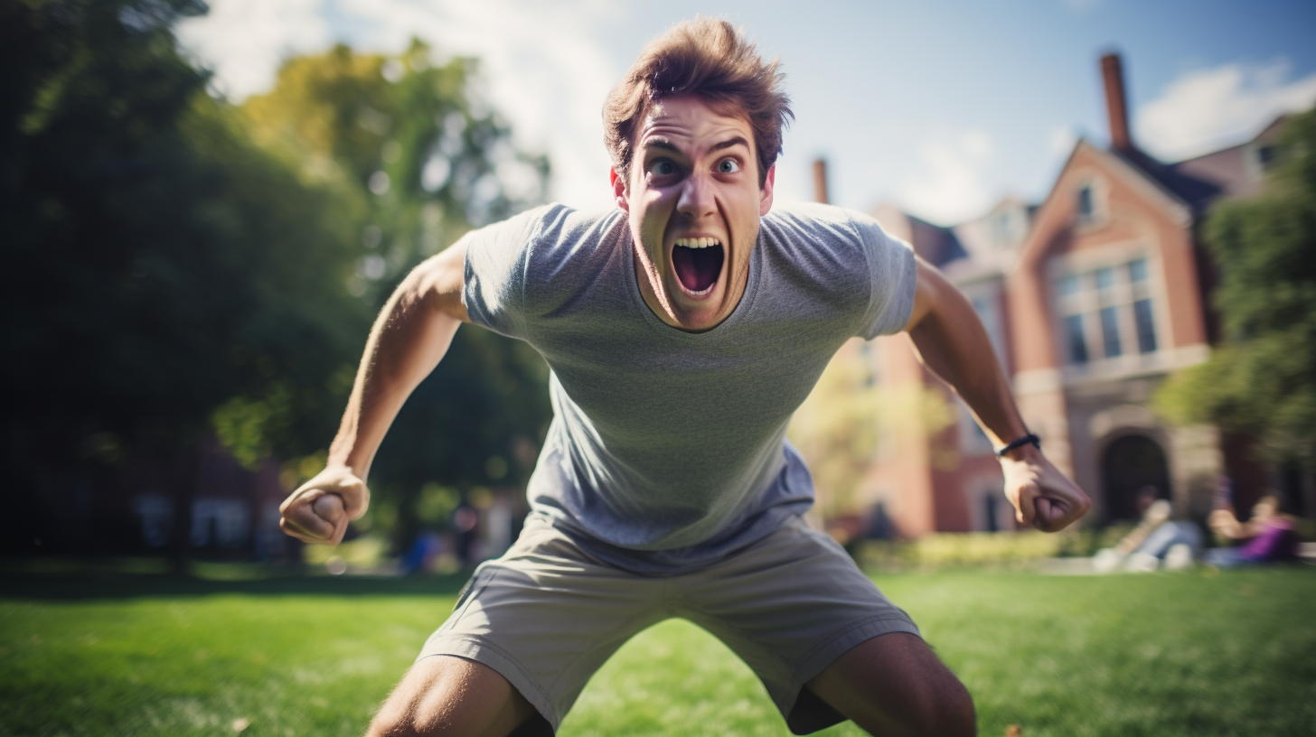 College-aged man flexing arm in grass