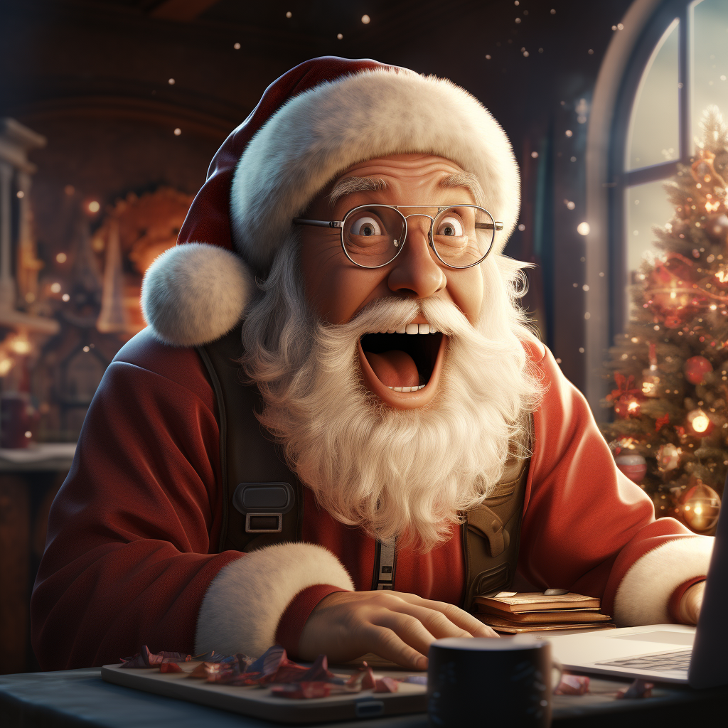 Excited Santa looking at laptop screen