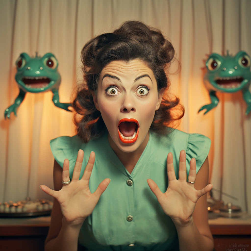 Vintage photo of excited spooky brunette woman