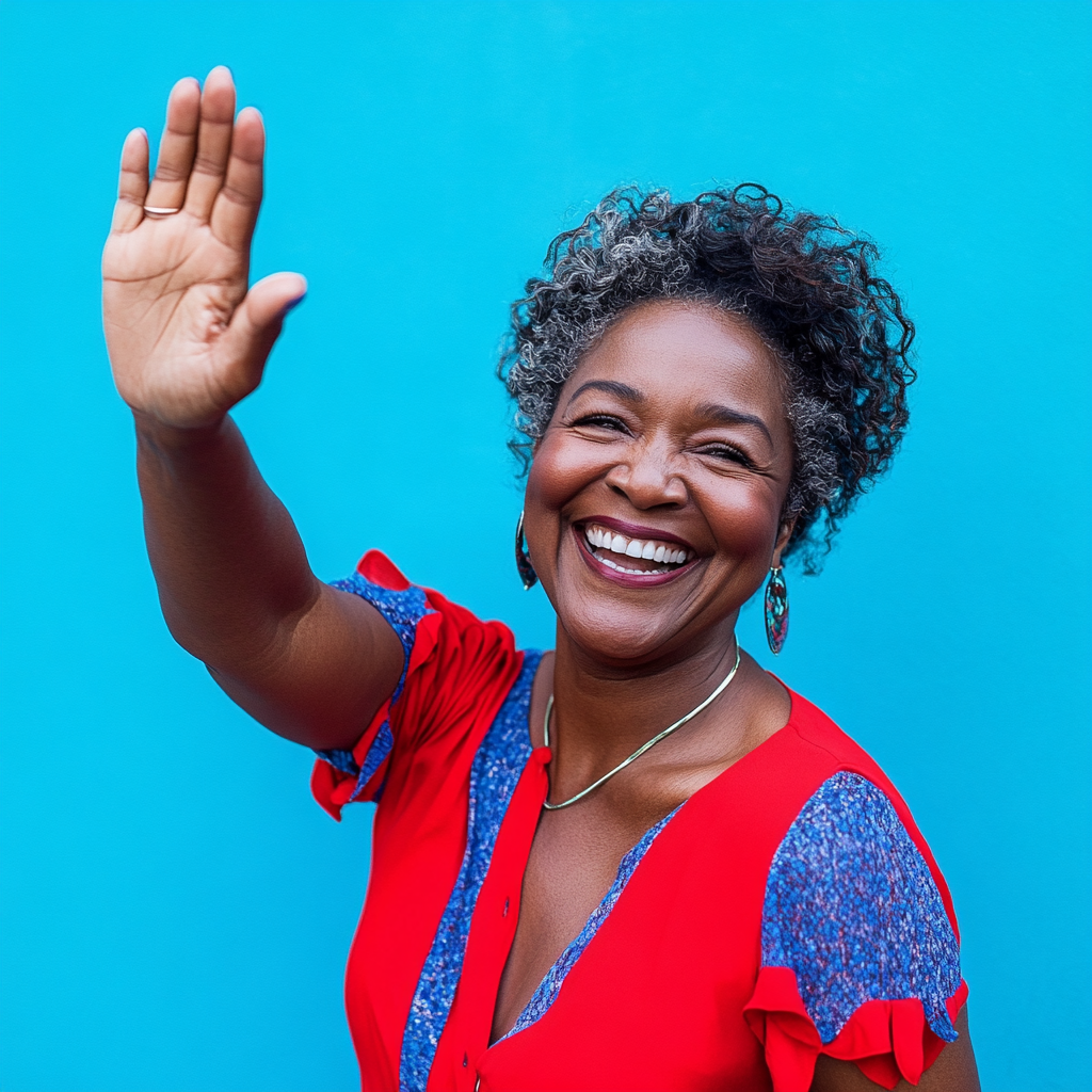 excited woman celebrating with high-five, bright and cheerful.