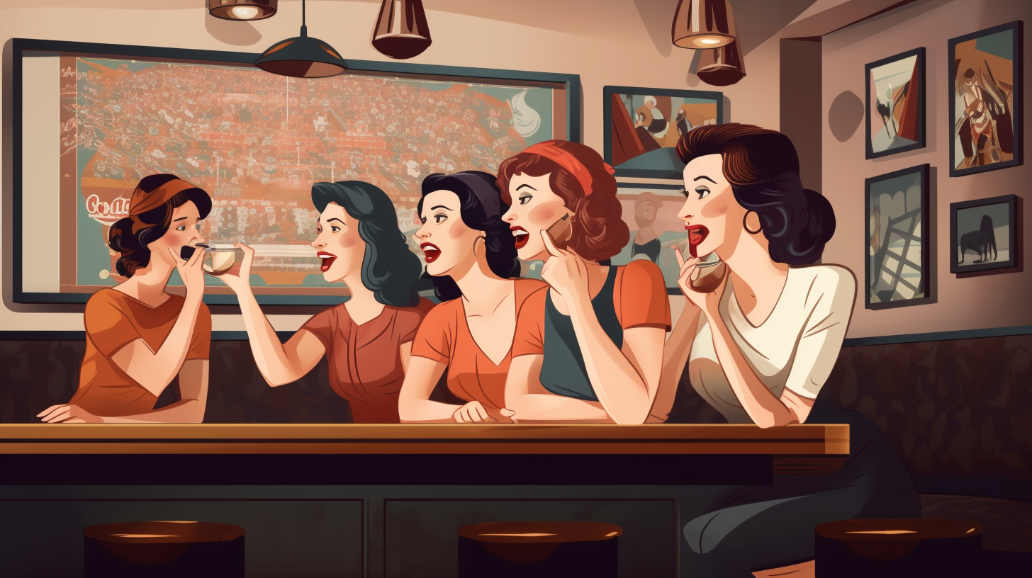 Vector illustration of four excited women watching football in sports bar