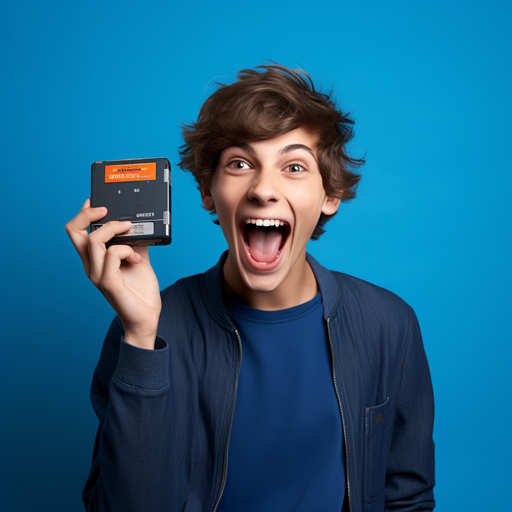 Teenage boy excitedly holding a battery