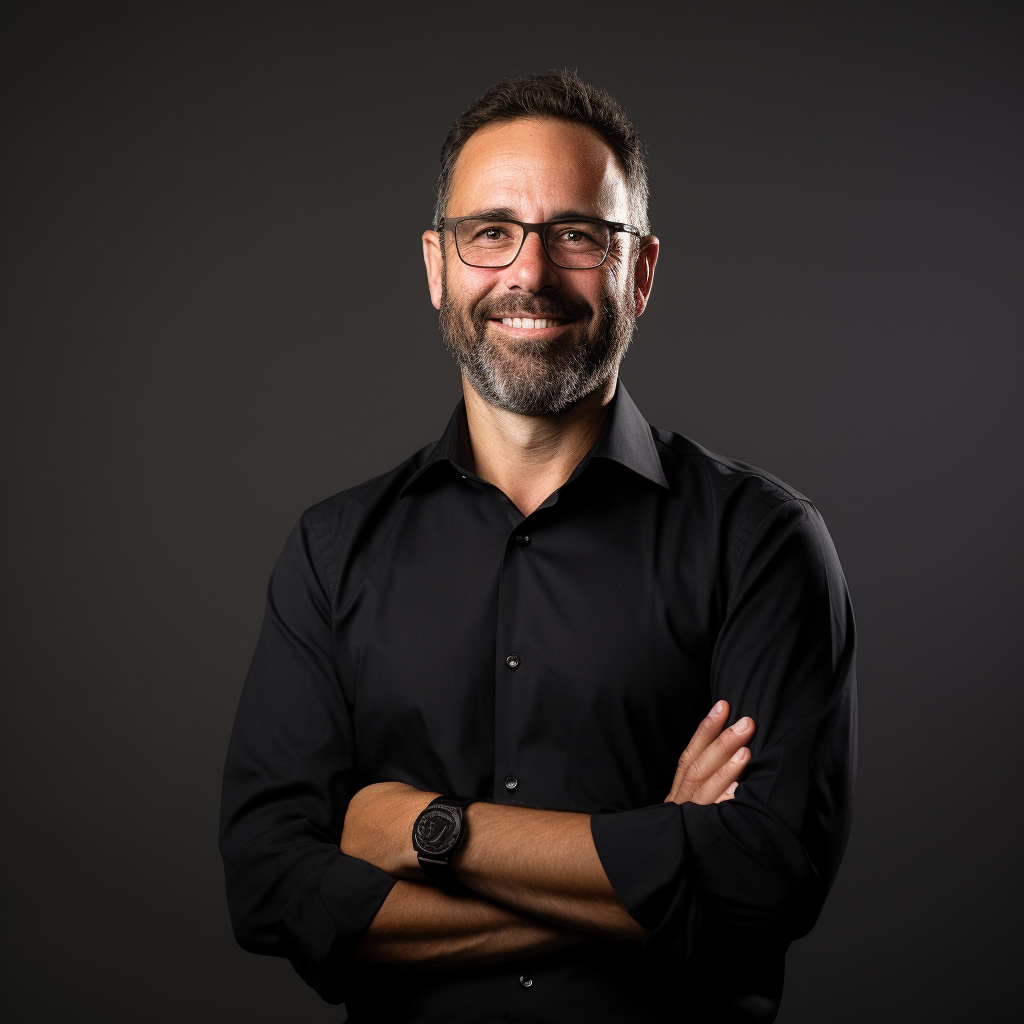 Portrait of a 40-year-old executive man in a black dress shirt with a smile