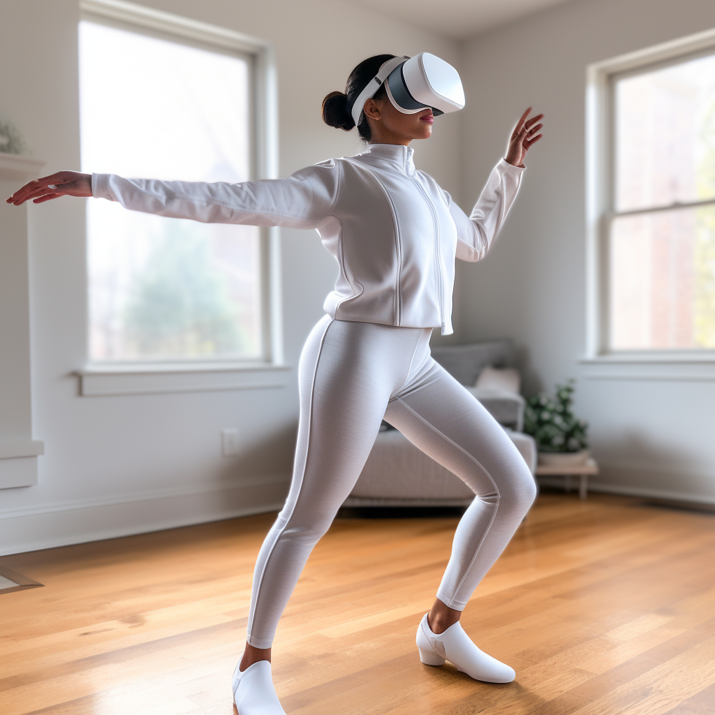 Woman exercising with Meta Quest Oculus and white outfit