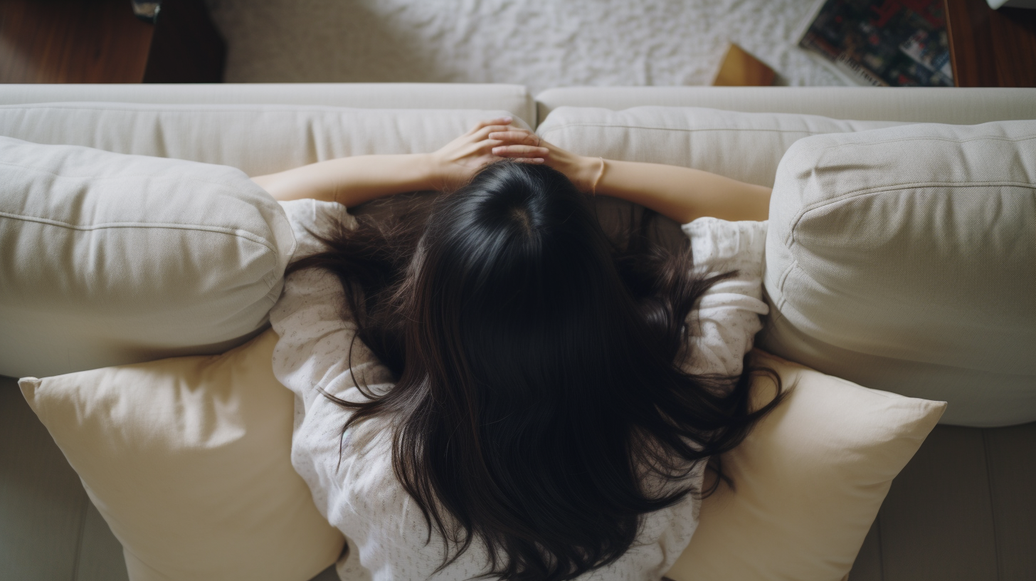 Chinese woman on messy sofa