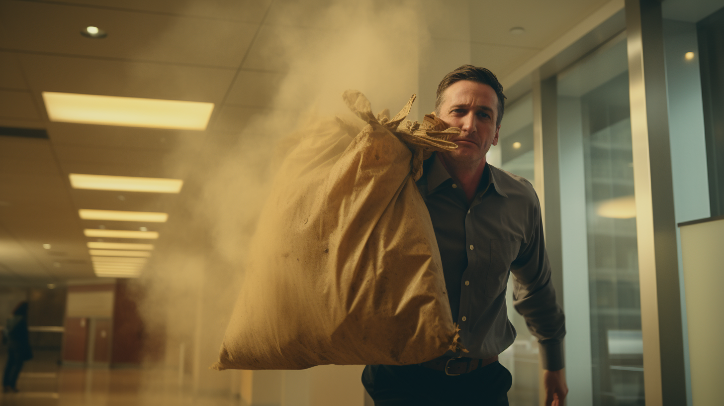 Tired man dragging burlap sack in office