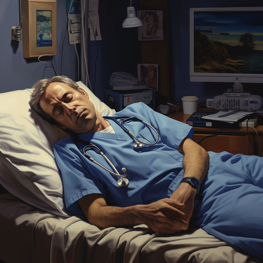 Tired resident physician with pager asleep