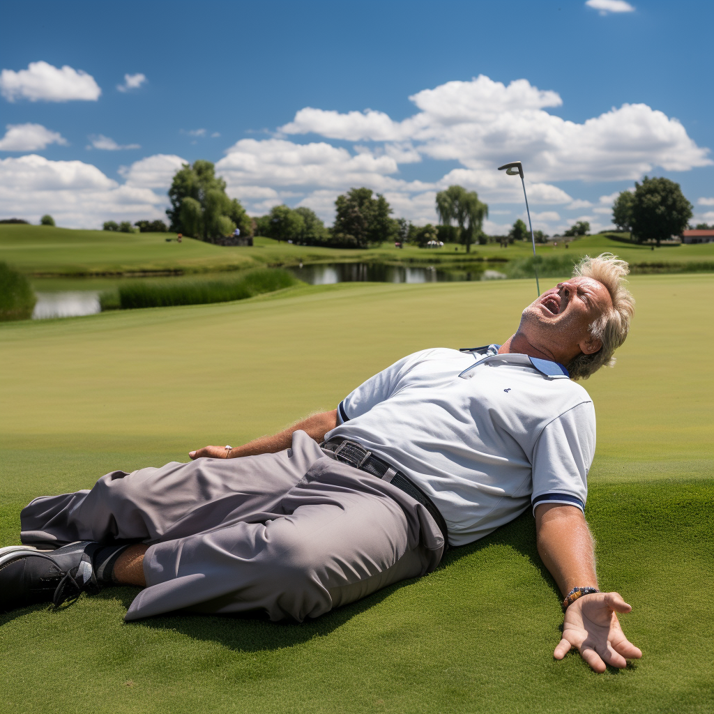 Exhausted golfer laying in grass feeling disoriented and in pain