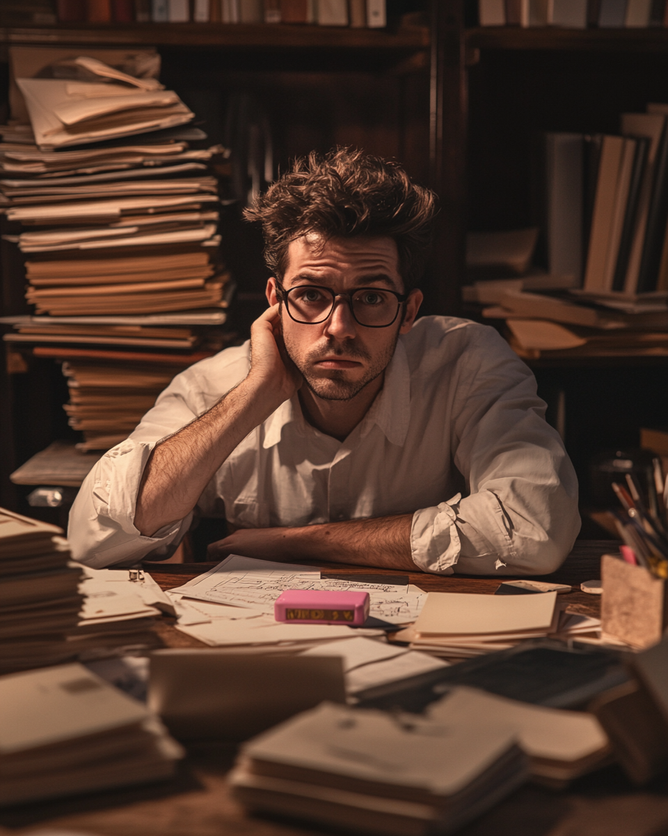 man exhausted desk energy bar