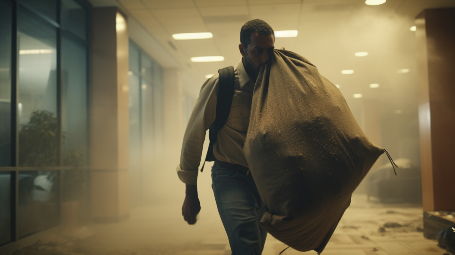 Exhausted man dragging large burlap sack amidst explosions