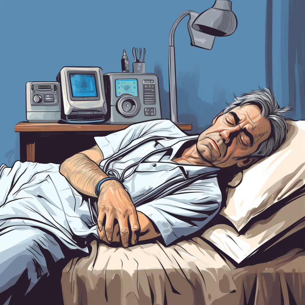 Cartoon of exhausted resident physician sleeping with pager