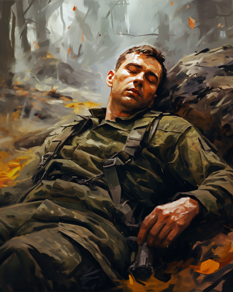 Tired soldier after battle in impressionism style