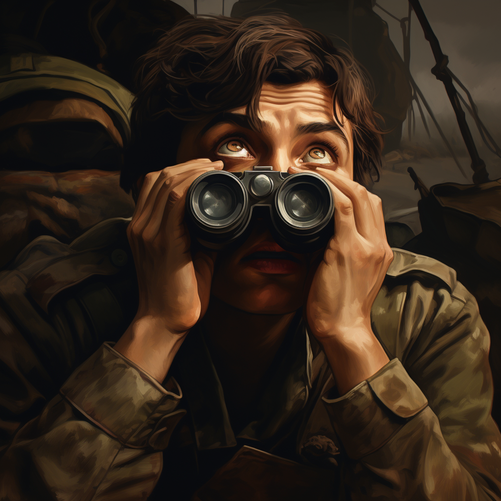 Exhausted soldier using binoculars in the battlefield