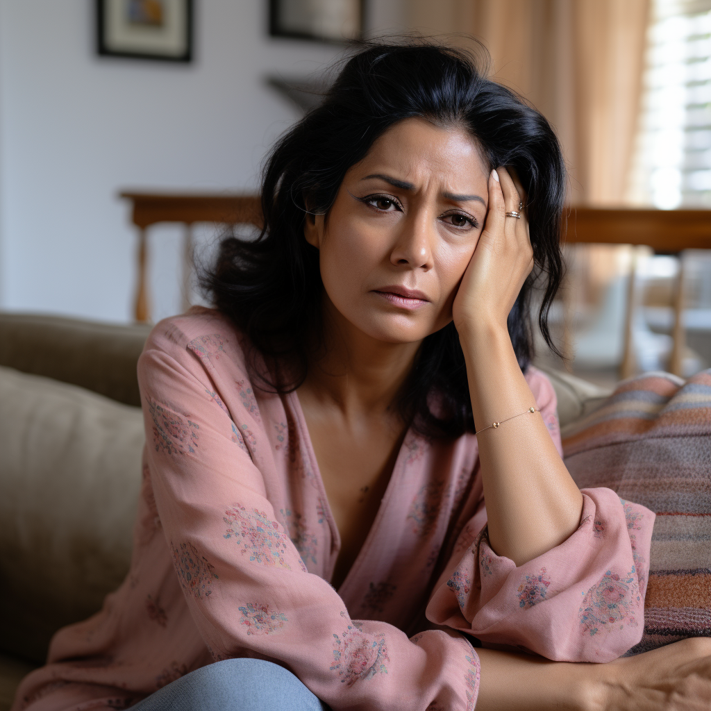 Exhausted woman sitting on Indian home couch