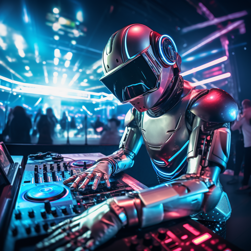 Exotic AI robot playing DJ