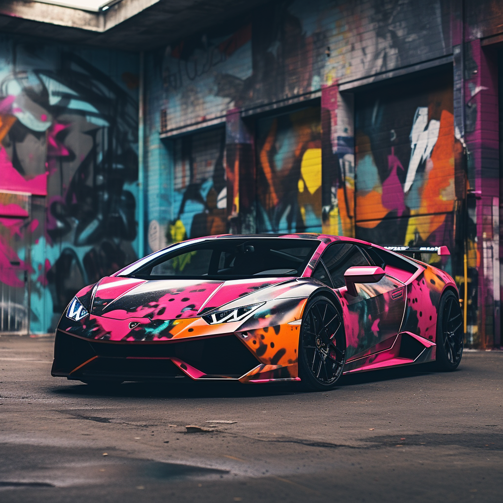 Exotic Car in Graffiti Covered Parking Lot