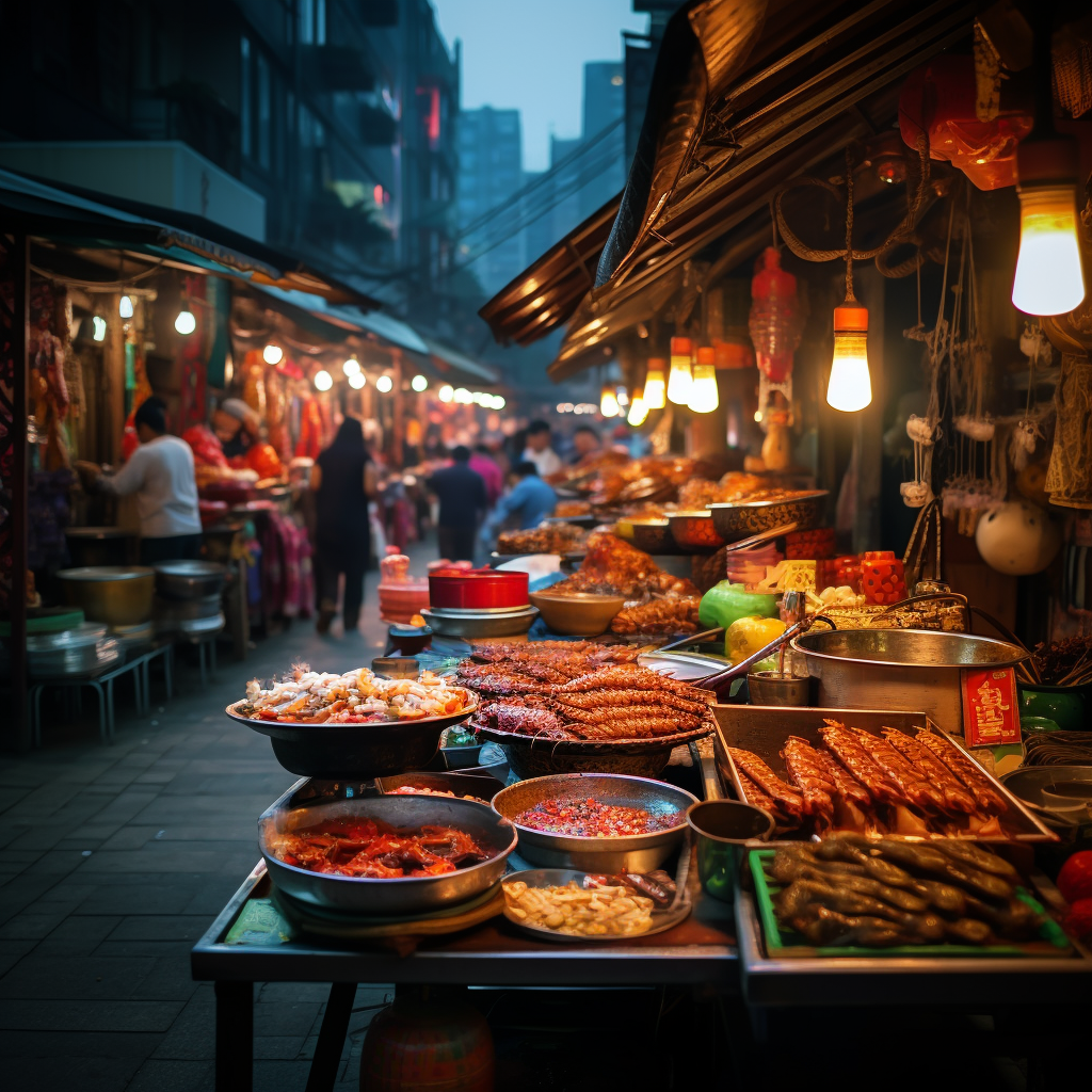 Delicious Chinese street food in a bustling market