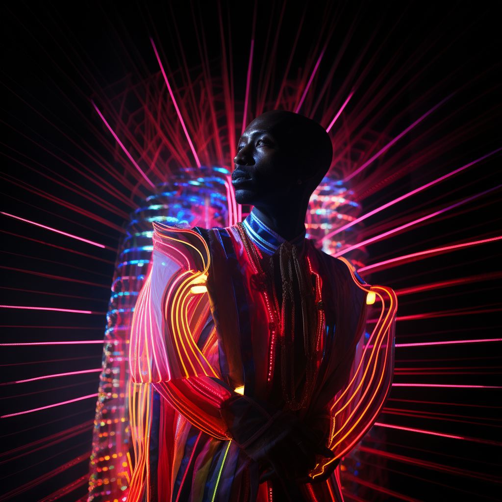 man in exotic priest outfit under neon lights