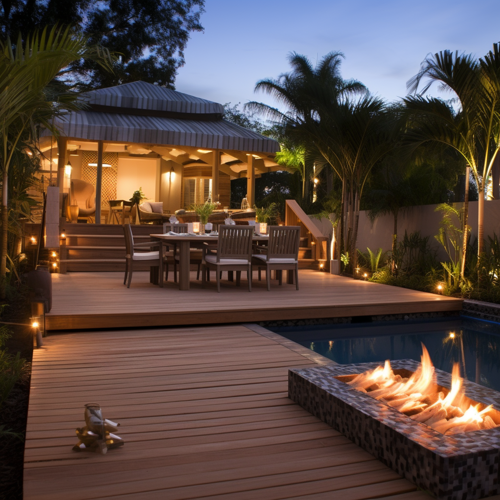 Exotic pool deck with palm trees and bamboo furniture