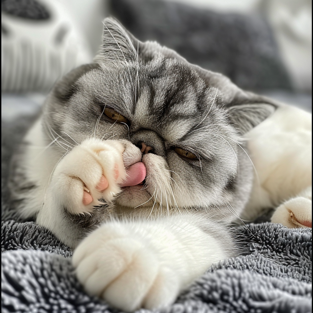 Grey and white Exotic Shorthair cat licking foot