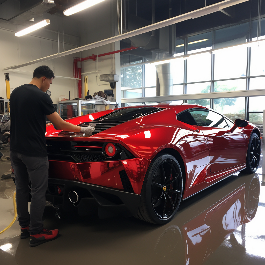 Professional car detailer polishing exotic car