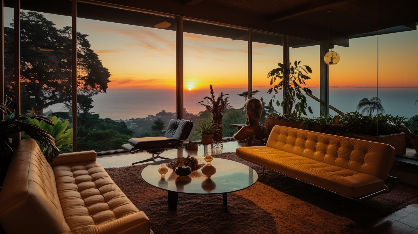 Luxurious midcentury ocean view living room