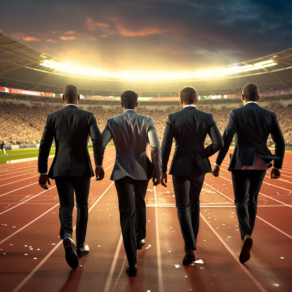 Group of men in expensive tuxedos racing on a track