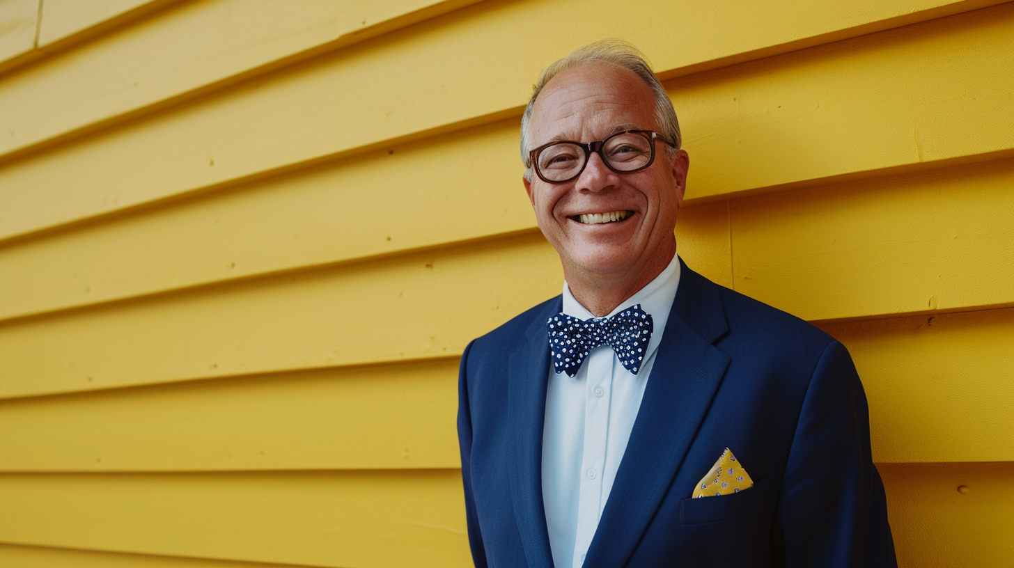 Smiling experienced male coach in blue suit on yellow background