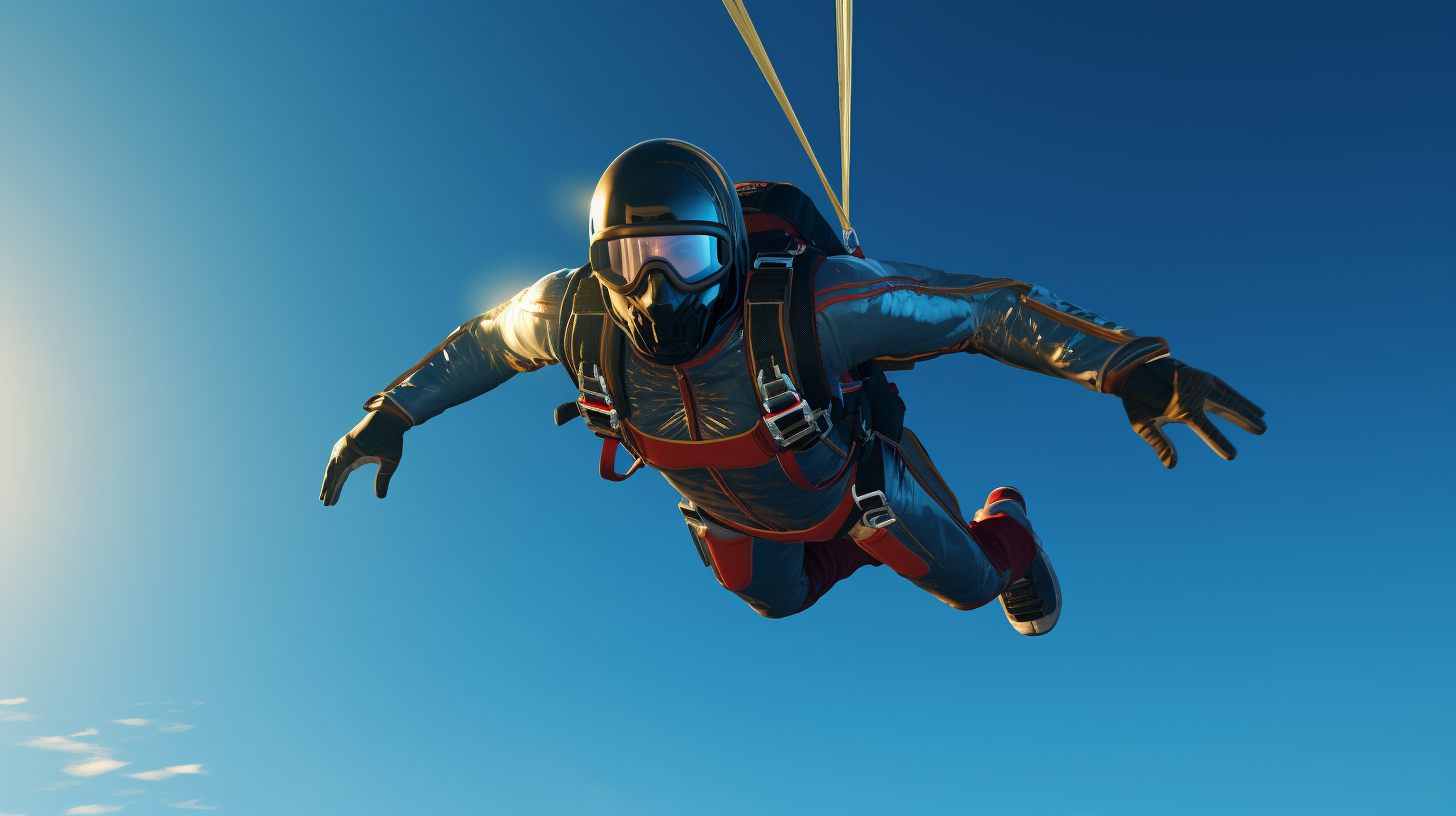 Experienced parachuter in free-fall position against blue sky