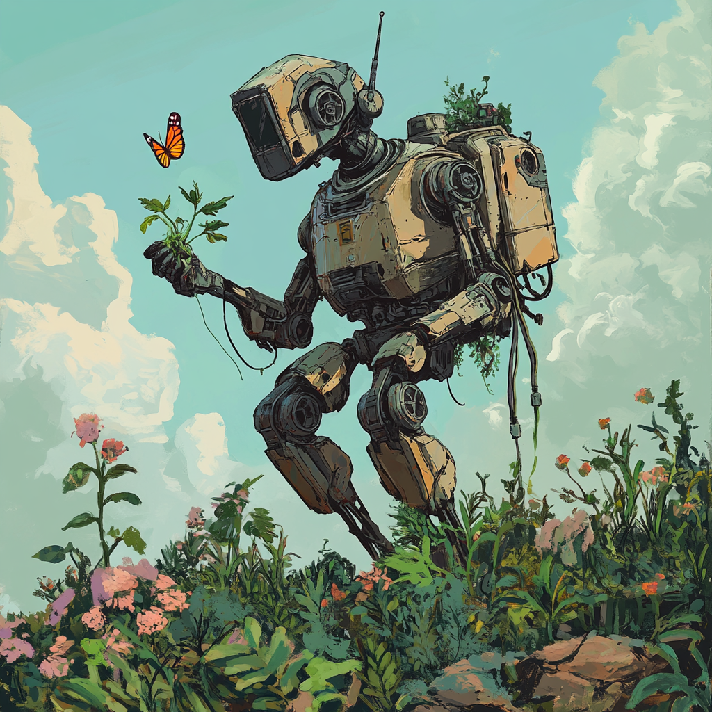 Robot explorer with plants butterflies