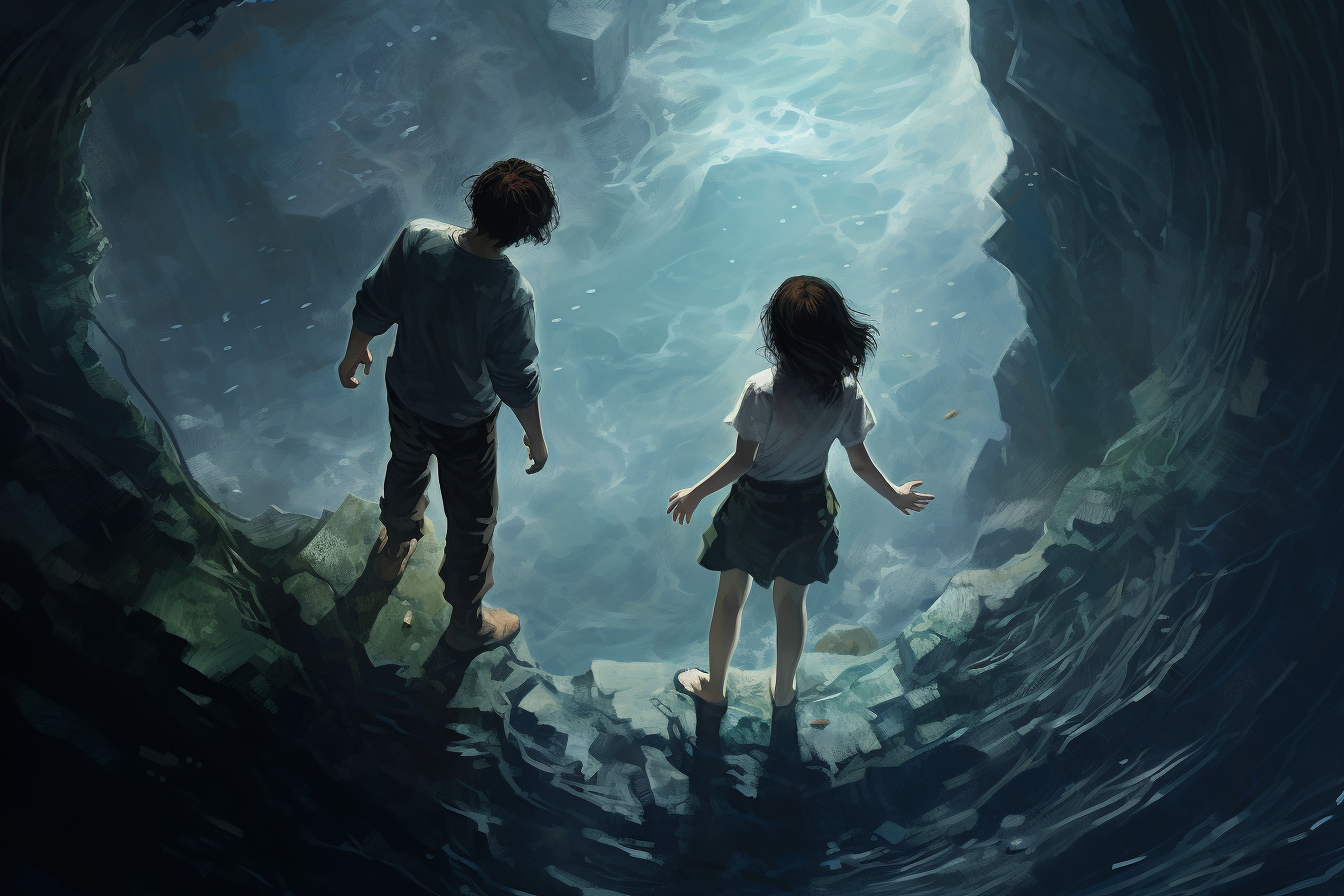 Boy and girl exploring dark depths and cliffside