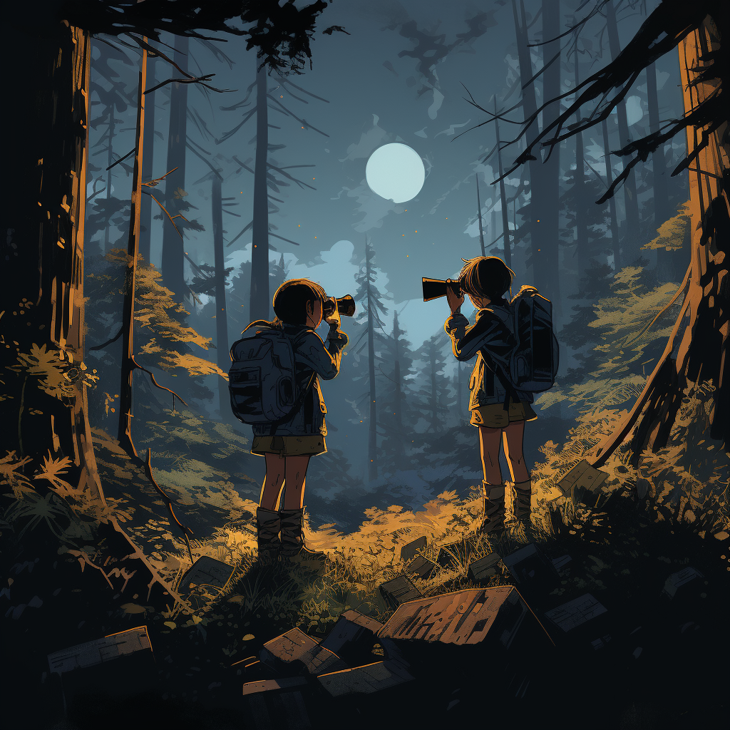 Children looking through binoculars in forest