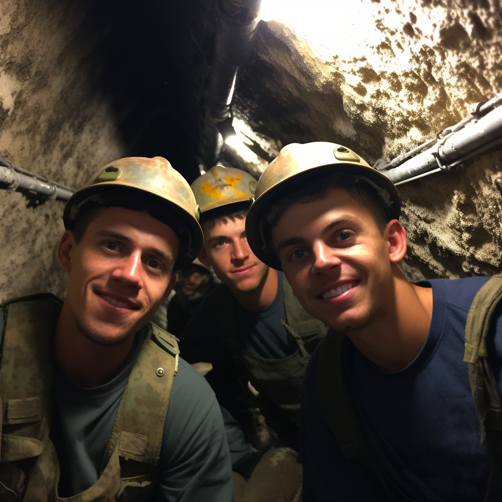 Group of friends exploring dark underground tunnels