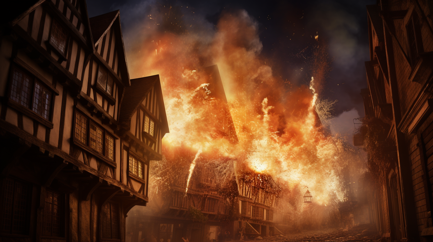 Photorealistic Explosion in Medieval Building at Night