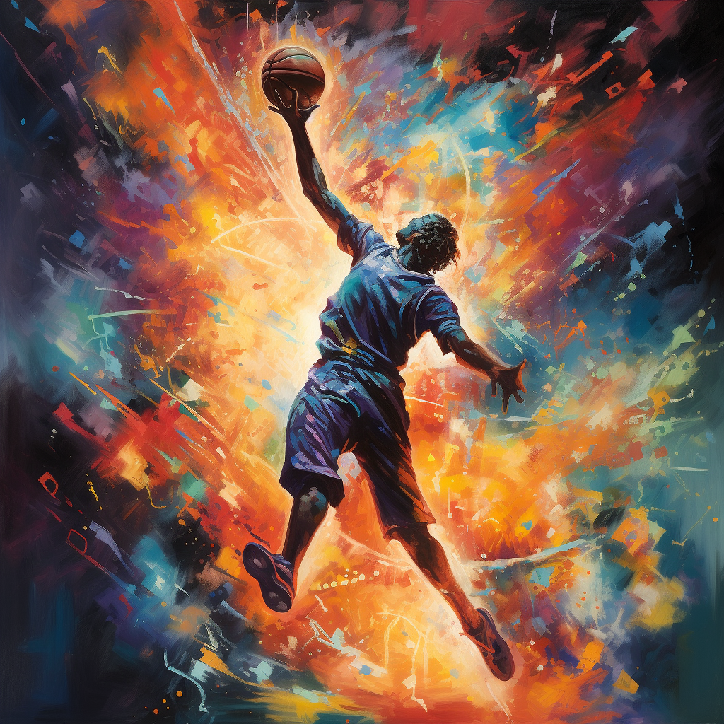 Basketball player dunking in explosion nebula