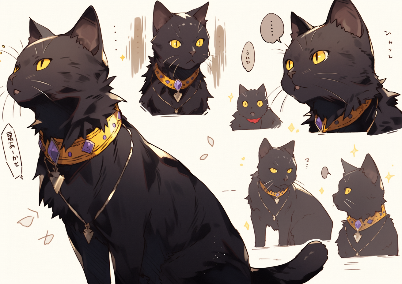 Black cat with golden tail ring and expressive face