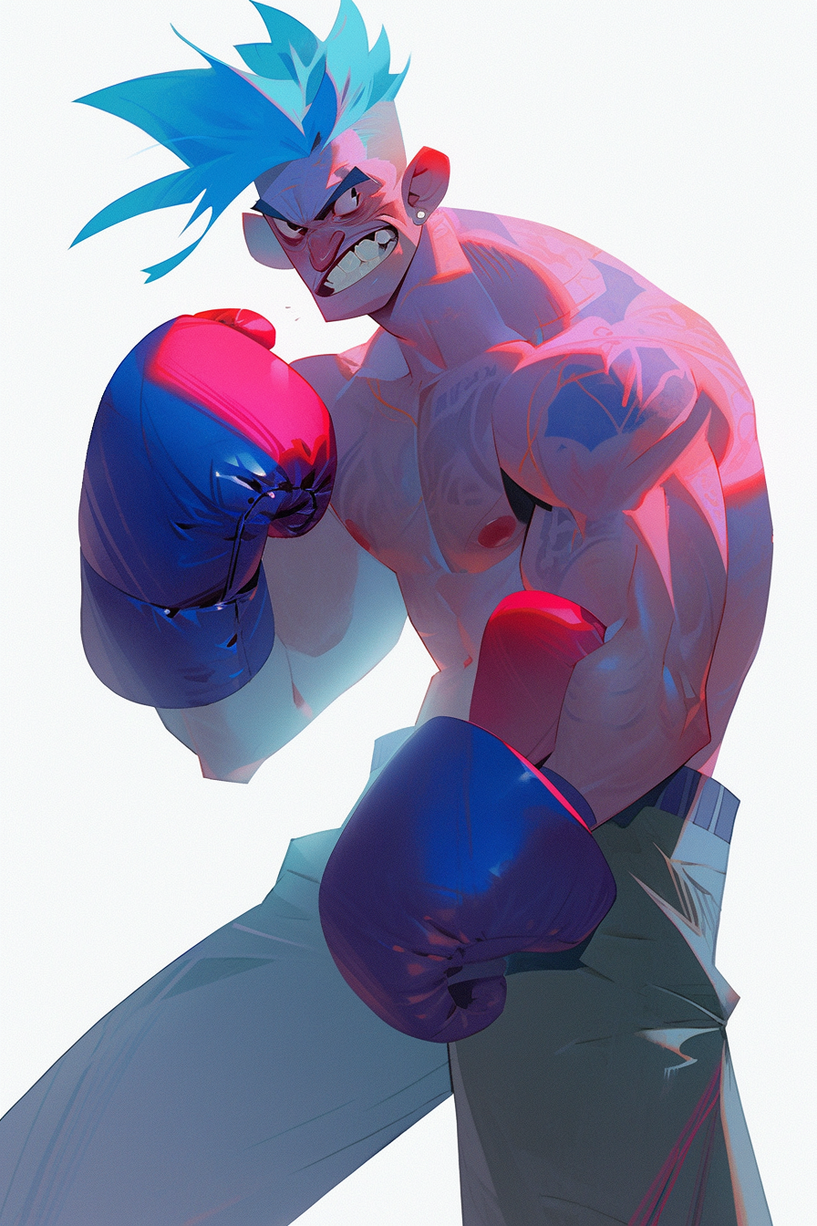 Illustration of a boxer with bright blue hair