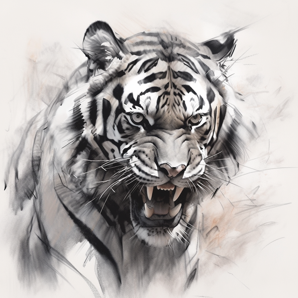 Charcoal drawing of a realistic marble tiger face