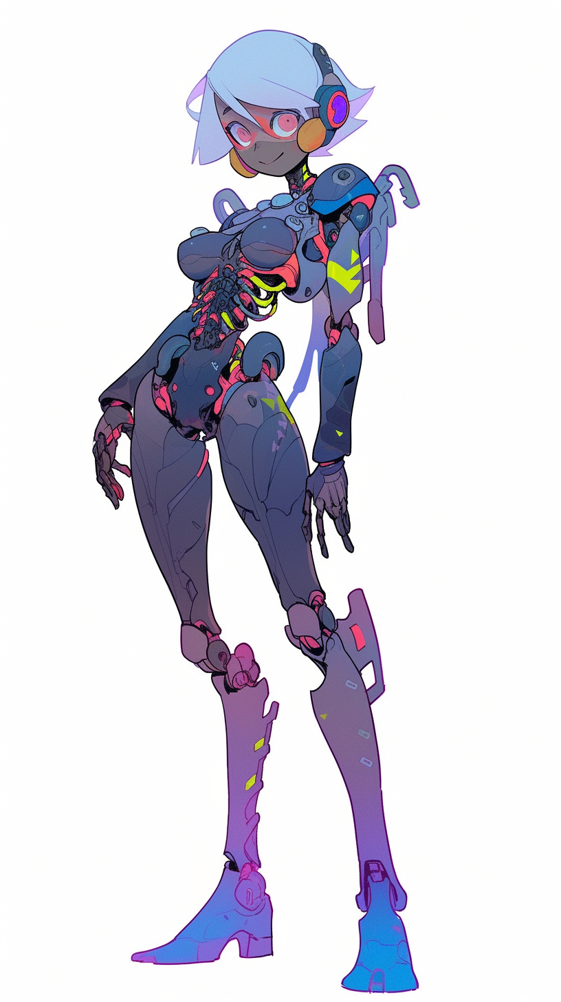 Full body cyborg girl with expressive face