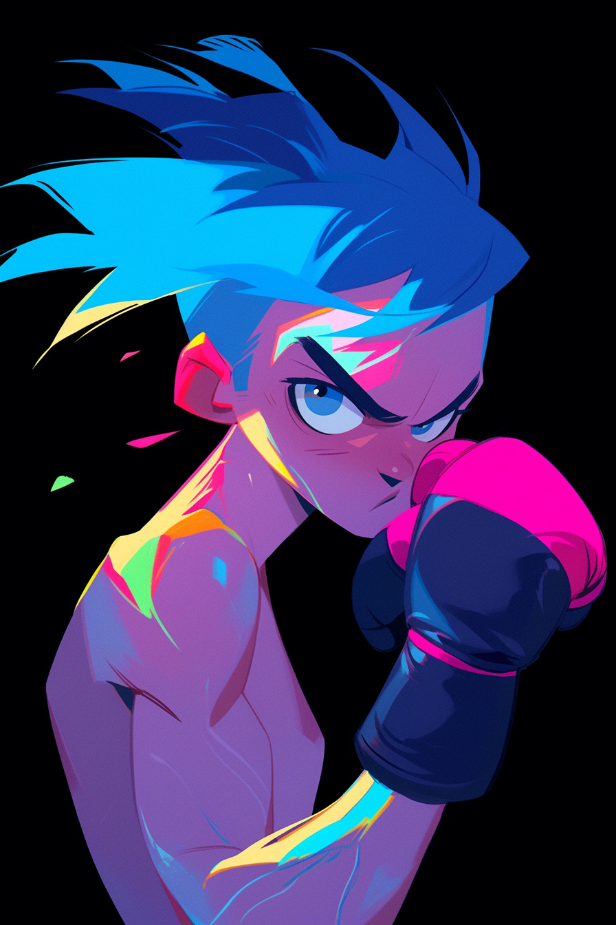 Illustration of expressive blue-haired boxer