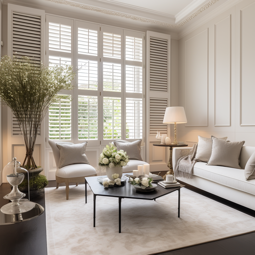 Decorated living room with custom window shutters