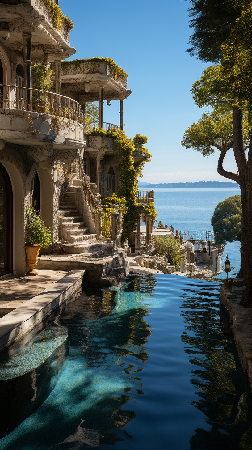 Beautiful exterior of antique homes with infinity pool