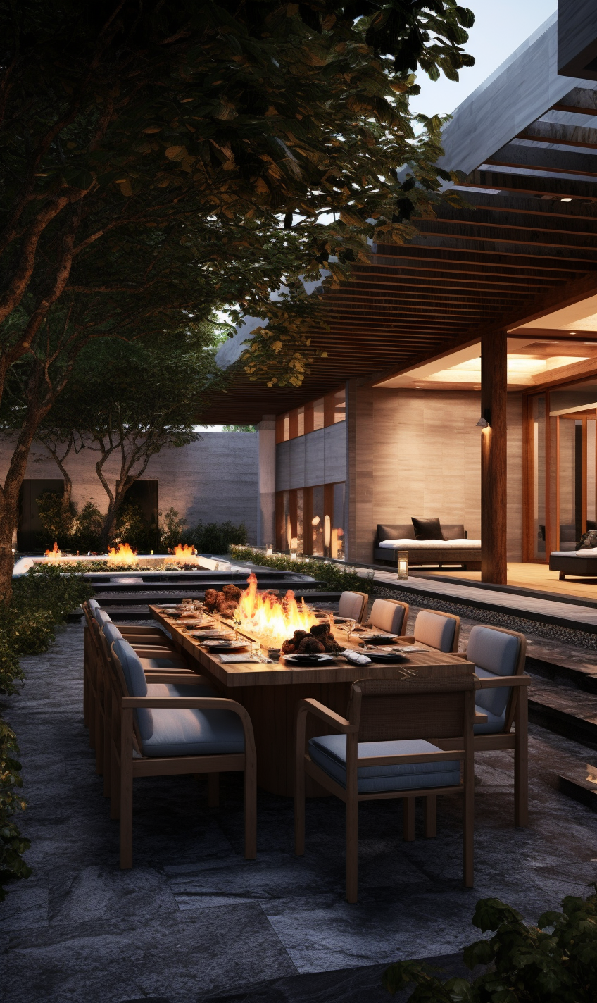 Exterior Dining Space with Fire Pit