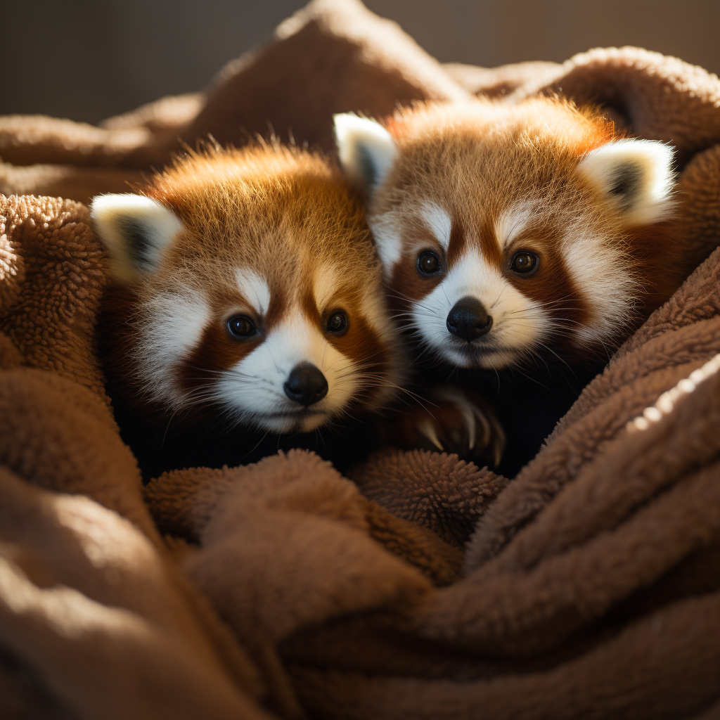 Cute red pandas playing in blankets