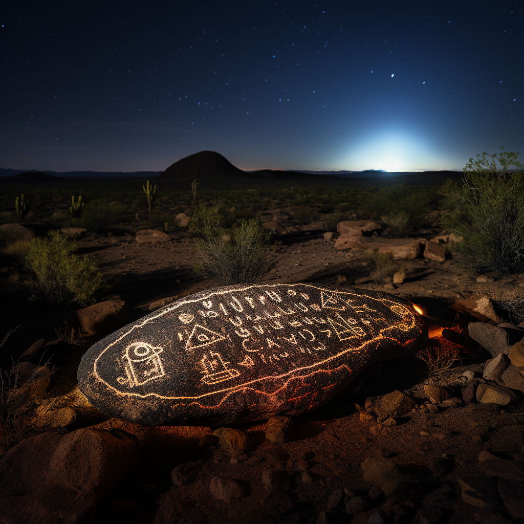 Extraterrestrial symbols on black oval rock in desert