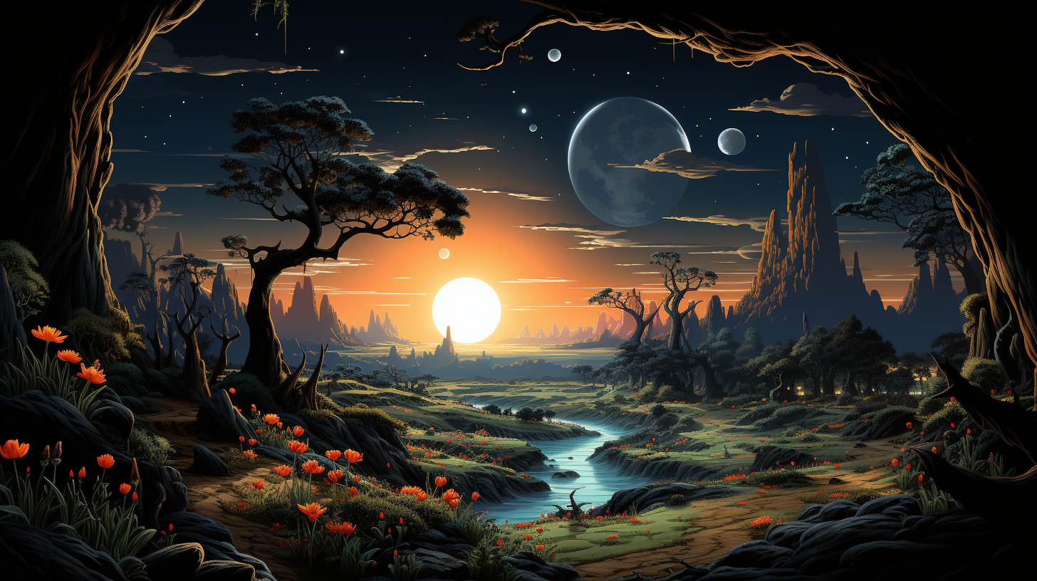 Detailed Extraterrestrial Planet with Unique Fauna and Flora